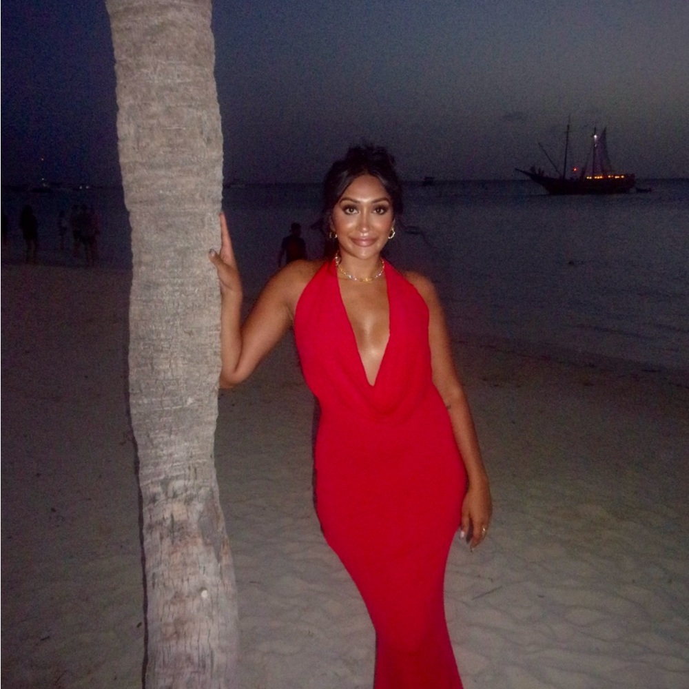Red deep plunge cowl neck halter maxi dress